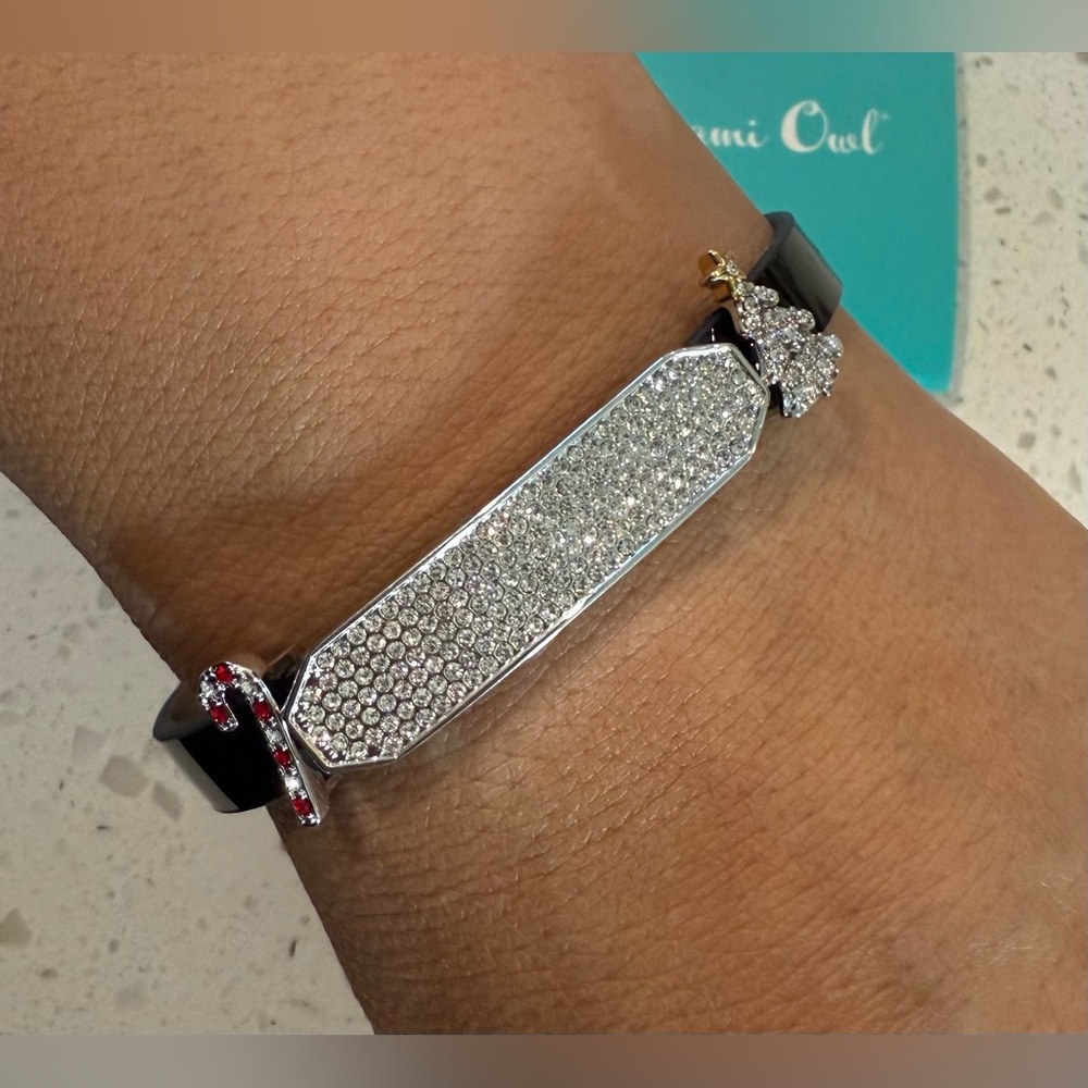 NEW Origami Owl Black Leather Bracelet Christmas Holiday Rhinestones Candy cane
